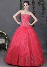 2015 Traditional Coral Red Strapless Sweet 16 Dress with Ruching and Appliques