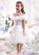Fashionable White Halter Top Little Girl Pageant Dresses with Hand Made Flower