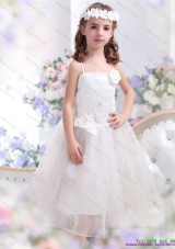 Fashionable White Spaghetti Straps Little Girl Pageant Dresses with Hand Made Flower and Appliques