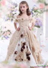 Fashionable Champagne Spaghetti Straps Little Girl Pageant Dresses with Hand Made Flowers and Ruffles