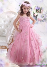 2015 Fashionable Rose Pink Spaghetti Straps Little Girl Pageant Dress with Appliques