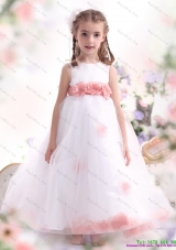 Fashionable White Little Girl Pageant Dresses with Pink Waistband and Hand Made Flower