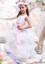 Fashionable Scoop White Little Girl Pageant Dress with Sash and Ruffles