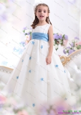 Fashionable White Scoop Little Girl Pageant Dress with Baby Blue Waistband and Appliques