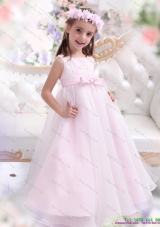 Fashionable Scoop Appliques and Bownot Pageant Dresses for Girl in Baby Pink