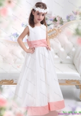 White Scoop 2015 Fashionable Little Girl Pageant Dress with Pink Waistband