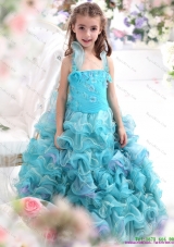 Fashionable Straps Appliques and Ruffled Layers Pageant Dresses for Kids in Aque Blue