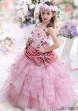 Rose Pink Fashionable Little Girl Pageant Dress with Hand Made Flowers and Ruffled Layers