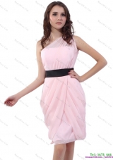 2015 Baby Pink One Shoulder Short Dama Dresses with Ruching