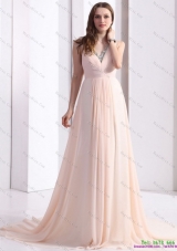 2015 Plus Size Brush Train Long Prom Dresses with Beading and Ruching