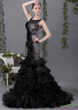 2015 Elegant Mermaid Prom Dress with Ruffled Layers and Brush Train