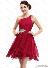 One Shoulder Ruching Mini Length Prom Dresses with Beading