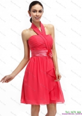 Halter Top Prom Dresses with Ruching and Hand Made Flowers
