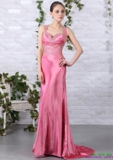 Plus Size Rose Pink Beading Long Prom Dresses with Brush Train
