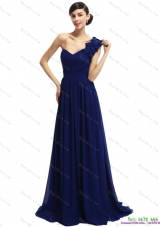 2015 One Shoulder Ruching Navy Blue Dama Dresses with Hand Made Flower