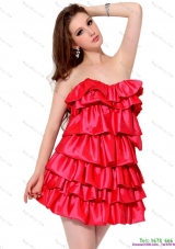 2015 Red Mini Length Prom Dresses with Ruffled Layers