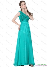Turquoise One Shoulder Prom Dresses with Ruching and Hand Made Flowers