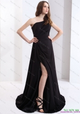 Exclusive 2015 One Shoulder Black Dama Dress with Ruching and High Slit