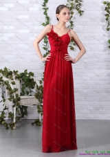 Spaghetti Straps Long Prom Dresses with Ruching and Hand Made Flowers