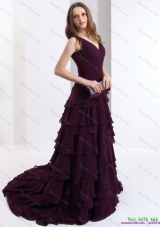 Classical V Neck Dama Dress in Dark Purple for 2015