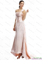 Plus Size Champagne One Shoulder Ruching Prom Dresses with Brush Train