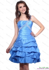 Plus Size One Shoulder Baby Blue Prom Dresses with Pick Ups and Beading