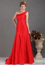 Plus Size One Shoulder Pleated Red Prom Dresses with Brush Train