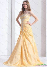 Plus Size Brush Train Gold Prom Dresses with Ruching and Beading
