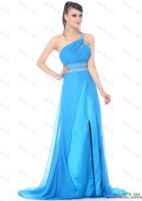 Elegant and Plus Size 2015 One Shoulder Blue Long Prom Dress with Rhinestones