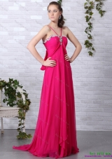 Modern and Plus Size Hot Pink Halter Top Prom Dress with Brush Train