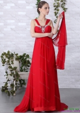 2015 Beautiful and Plus Size Empire Red Prom Dress with Brush Train and Beading