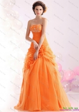 2015 Luxurious Strapless Orange Red Prom Dress with Hand Made Flowers and Beading