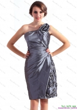 2015 Modest and Plus Size One Shoulder Knee Length Prom Dress with Hand Made Flowers and Ruching