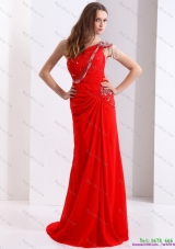Elegant and Plus Size 2015 One Shoulder Red Prom Dress with Beadings and Brush Train