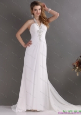 Beautiful and Plus Size 2015 Halter Top White Prom Dress with Ruching and Beading