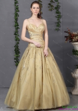 Luxurious and Plus Size 2015 Spaghetti Straps Champagne Prom Dress with Ruching and Beading