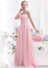 Remarkable and Plus Size 2015 Baby Pink Prom Dress with Brush Train and Ruching