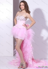 Baby Pink Ruffled One Shoulder High Low Prom Dresses with Hand Made Flower and Beading