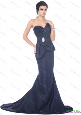 Exclusive 2015 Brush Train Sweetheart Beading Dama Dress in Navy Blue