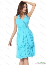 2015 Lovely Halter Top Knee Length Dama Dress with Beading and Ruching