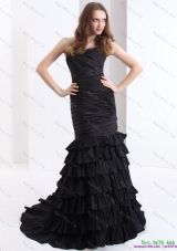 Brush Train 2015 Black Dama Dresses with One Shoulder and Ruffled Layers