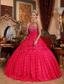 Red A-line Strapless Floor-length Fabric With Roling Flowers Beading Quinceanera Dress