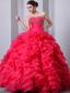 Coral Red A-Line / Princess Sweetheart Floor-length Organza Beading and Ruffles Quinceanea Dress