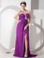 Purple Empire One Shoulder Chiffon Prom Dress Beading and Ruch