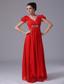Beading V-neck Empire Chiffon Short Sleeves Red Prom Dress