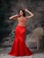 Modest Red Mermaid Straps Satin Beading Evening Dress Brush Train