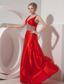 Red A-line V-neck Brush Train Silk Like Satin Beading Prom Dress
