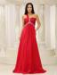 One Shouder Red and Natural Waist Ruched Appliques Chiffon Promn Dress