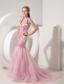 Pink Mermaid Halter Court Train Organza and Taffeta Beading and Appliques Prom Dress