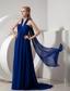 Cheap Sexy Navy Blue Halter top Watteau Train Prom Dress
